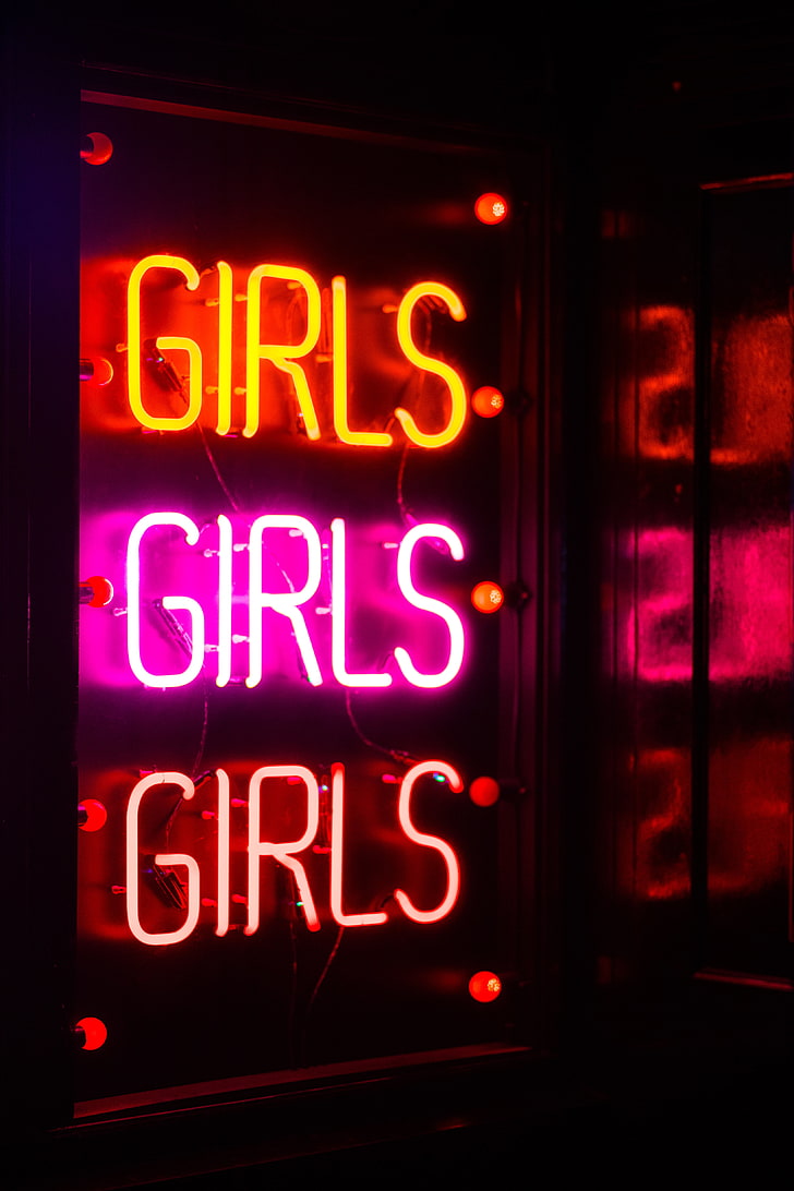 red girls neon signage, inscription, neon, backlight, light, HD wallpaper