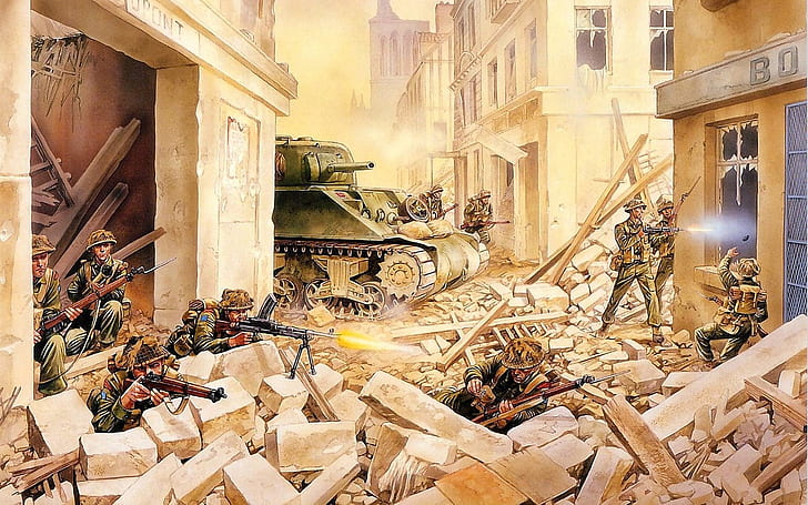 meaning, art, soldiers, tank, ruins, the battle, capture, operation, support, military, in the city, Sherman, WW2., allies, British, Market Garden, operations, 1944., held, Holland, key bridges, site, Germany, paratroopers, 25 Sep, 17 Sep, turned, the Germans, HD wallpaper