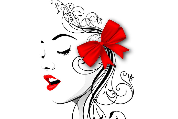kadının yüzüne kroki, yüz, stil, vektör, profil, yay, kırmızı dudaklar, HD masaüstü duvar kağıdı
