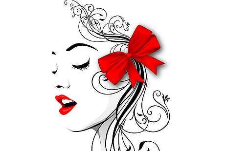 woman's face sketch, face, style, vector, profile, bow, red lips, HD wallpaper HD wallpaper