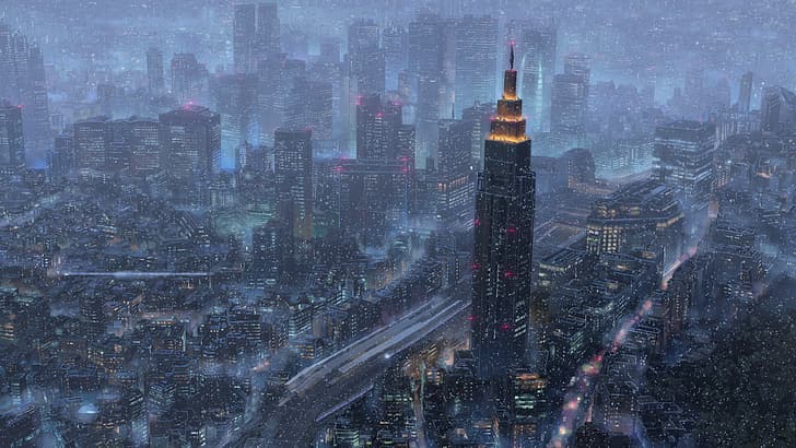 Tenki no Ko, Regen, Nacht, Stadt, Lichter der Stadt, HD-Hintergrundbild