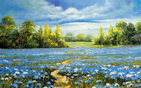 niebiesko-białe kwiatowe malarstwo polowe, pejzaż, Tapety HD HD wallpaper