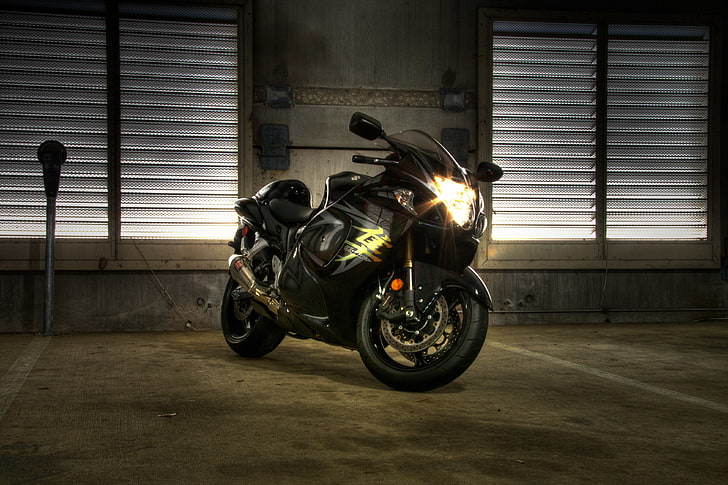 черный спортивный мотоцикл, черный, сузуки, фары, gsx1300r, сузики, хаябуса, HD обои