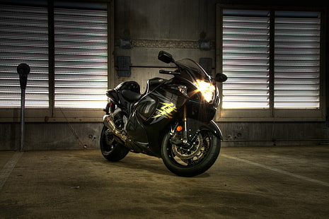 черный спортивный мотоцикл, черный, сузуки, фары, gsx1300r, сузики, хаябуса, HD обои HD wallpaper