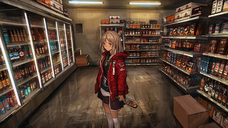 personaje femenino de cabello castaño, chicas anime, alcohol, zettai ryouiki, comida, tiendas, LM7, Fondo de pantalla HD