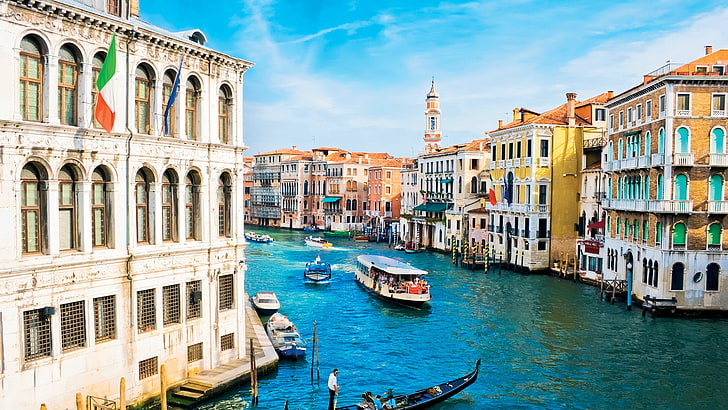 canal, facade, building, cityscape, channel, tourism, water, sky, city, venice, sunny day, grand canal, waterway, 5k, 5k uhd, europe, italy, HD wallpaper
