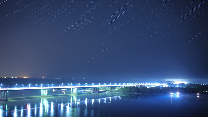 city, bridge, night, stars, lights, reflection, river, urban, traffic, sky, HD wallpaper