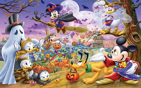 Halloween Cartoon Mickey And Minnie Mouse Donald Duck Pluto Hd Wallpaper För Desktop 1920 × 1200, HD tapet HD wallpaper