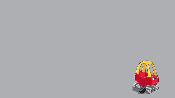 red and yellow wiggle car toy digital wallpaper, minimalism, HD wallpaper