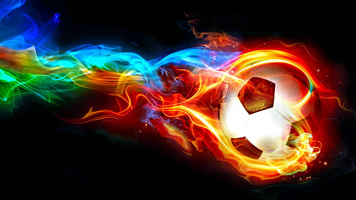 soccer ball, flame, football, ball, fire, graphics, darkness, colorful, multicolor, cool, digital art, design, special effects, light, HD wallpaper
