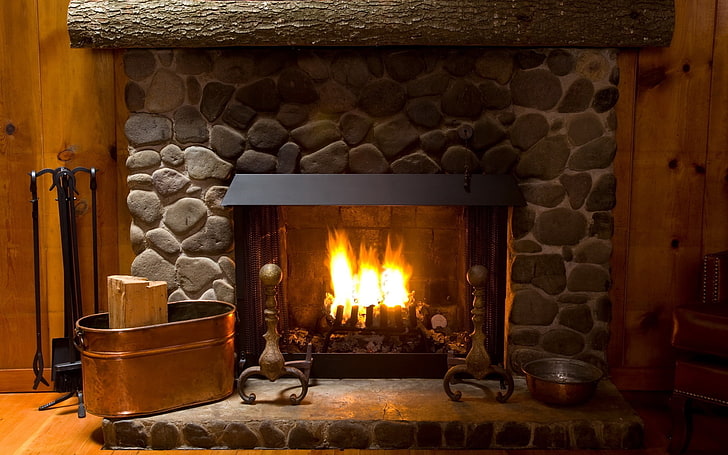 fire place, fireplace, cozy, interior, lamp, HD wallpaper