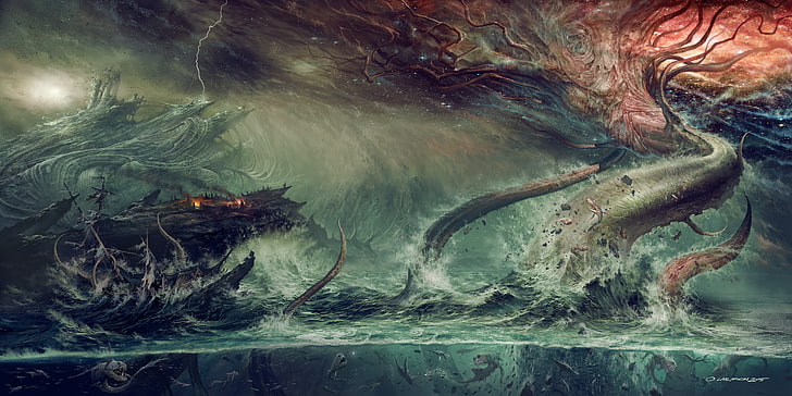 fantasy, ocean, water, tree, destruction, Kraken, mythological monster, HD wallpaper