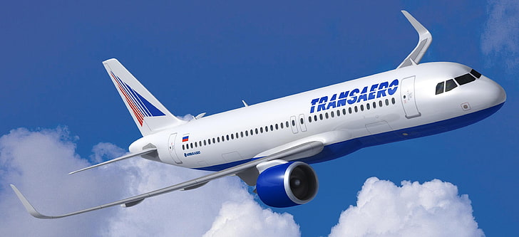 Transaero Airlines, เครื่องบิน Transaero สีขาวและสีน้ำเงิน, เครื่องบิน / เครื่องบิน, เครื่องบินพาณิชย์, เครื่องบิน, เครื่องบิน, วอลล์เปเปอร์ HD