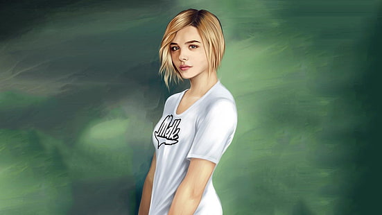 ภาพประกอบ Chloe Grace Moretz, Portrait of woman with white shirt, drawing, Chloë Grace Moretz, looking at viewer, artwork, women, วอลล์เปเปอร์ HD HD wallpaper