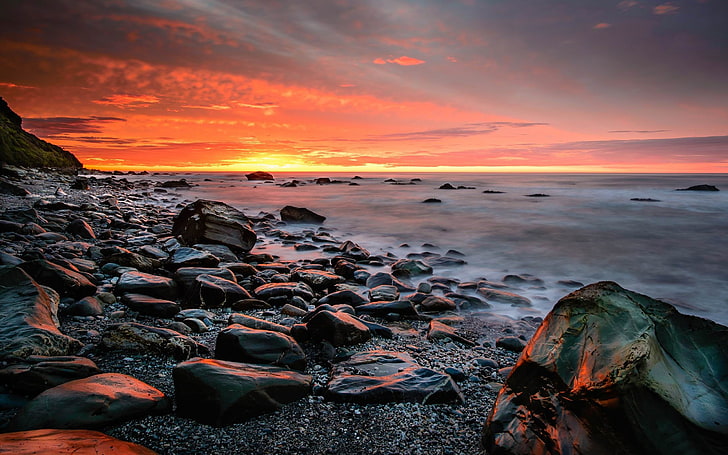 calma océano-paisajes HD fondo de pantalla, rocas grises, Fondo de pantalla HD