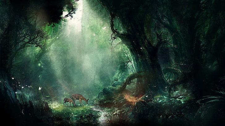 cervo bruno, daina in mezzo alla foresta, pittura, opera d'arte, arte digitale, fantasy art, cervo, foresta, natura, Sfondo HD