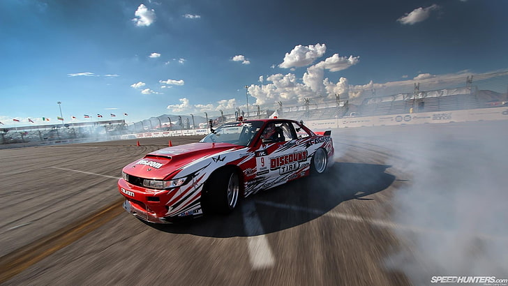 red and white stock car, drift, car, HD wallpaper