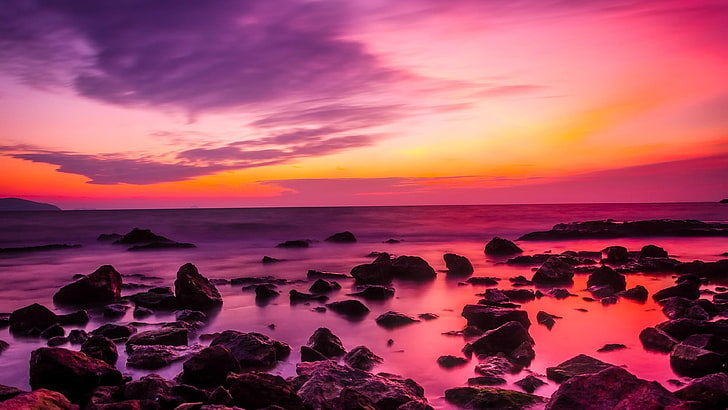 coast, turkey, seascape, dusk, scenic, cloud, sunset, horizon, stones, beach, stone, sea, orange sky, pink sky, reflection, rock, clouds, purple sky, sky, water, HD wallpaper