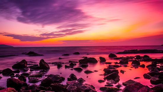 costa, turchia, paesaggio marino, crepuscolo, scenico, nuvola, tramonto, orizzonte, pietre, spiaggia, pietra, mare, cielo arancione, cielo rosa, riflesso, roccia, nuvole, cielo viola, cielo, acqua, Sfondo HD HD wallpaper