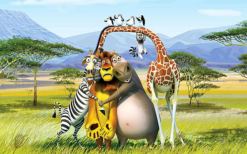 Tapeta z Madagaskaru, drzewa, góry, pustynia, rysunek, Lew, pingwiny, żyrafa, Zebra, lemur, Afryka, Madagaskar, Melman, Alex, król Julian, Kawalsky, prywatny, Hippo, Gloria, Rico, kapitan, Martin, Tapety HD HD wallpaper