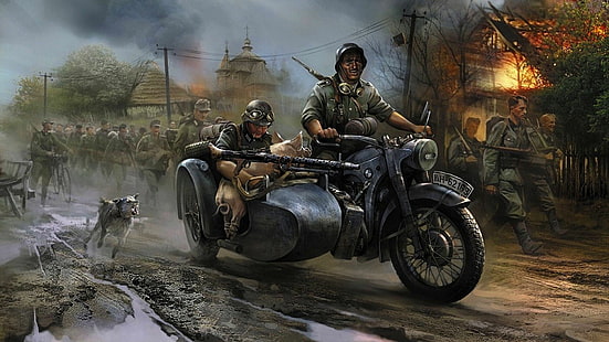 artistico, distruzione, fuoco, fiamme, tedesco, militare, motociclette, motociclette, dipinti, persone, soldati, veicoli, guerre, Sfondo HD HD wallpaper