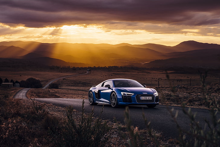 Audi R8 coupe azul, audi, r8, v10, vista lateral, carretera, Fondo de pantalla HD