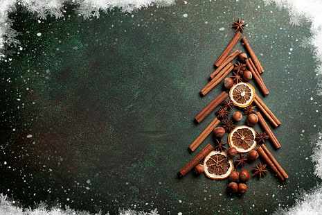 茶色のシナモンの木の配置、装飾、雪片、ツリー、スティック、新年、クリスマス、ナッツ、シナモン、メリークリスマス、クリスマス、クリスマスツリー、休日のお祝い、 HDデスクトップの壁紙 HD wallpaper