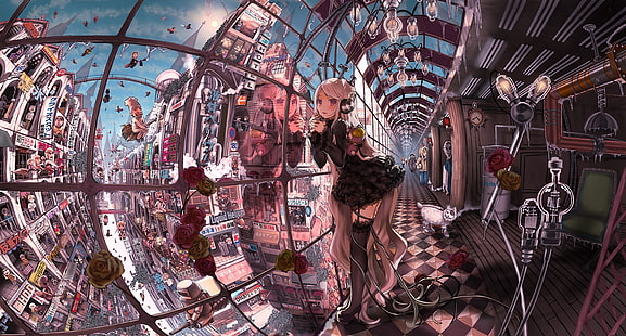cityscapes dress stockings psychedelic artwork mind blown anime john hathway warped anime girls 1 Ludzie Dziewczyna HD Sztuka, Pejzaże miejskie, Sukienka, Tapety HD HD wallpaper