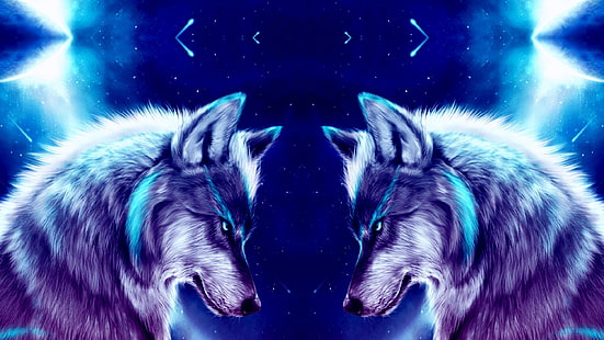 animais, espaço, lobo, arte, lobos, noite, arte digital, HD papel de parede HD wallpaper