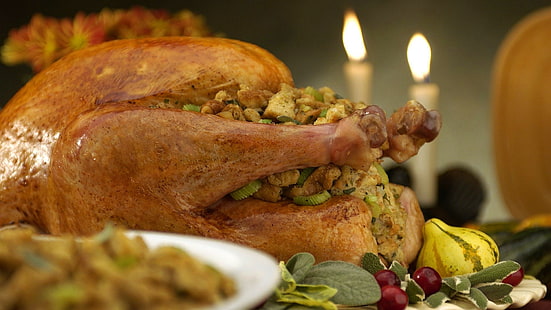 plat de poulet rôti, nourriture, viande, Thanksgiving, bougies, Fond d'écran HD HD wallpaper