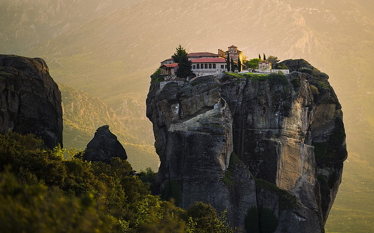 nature, landscape, monastery, Greece, mist, cliff, shrubs, architecture, mountains, rock, Meteora, HD wallpaper