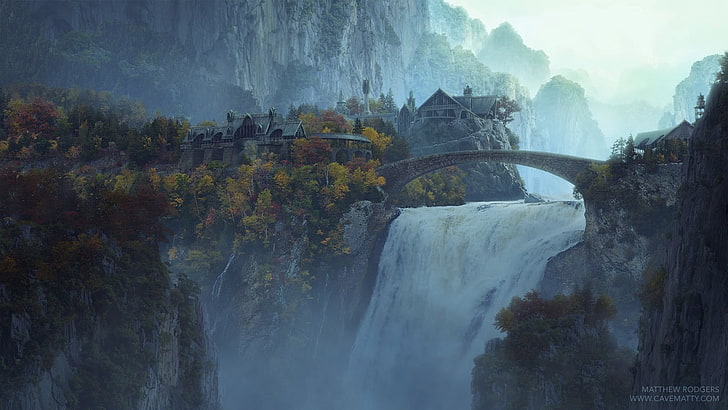 lukisan air terjun, air terjun, film, The Lord of the Rings, Rivendell, Wallpaper HD