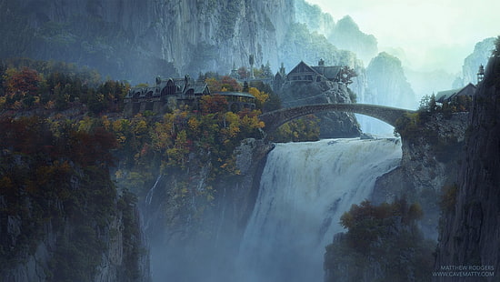 рисуване на водопади, водопад, филми, Властелинът на пръстените, Ривендел, HD тапет HD wallpaper