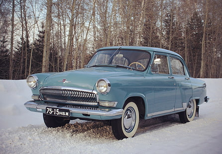 sedan biru vintage, salju, retro, latar belakang, Wallpaper, Uni Soviet, mobil, legenda, Volga, GAZ 21, Wallpaper HD HD wallpaper