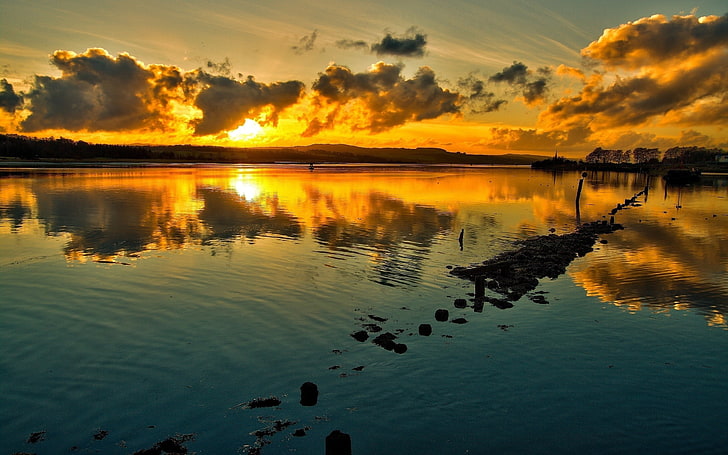 ธรรมชาติทิวทัศน์พระอาทิตย์ตกทะเลสาบสะท้อนท้องฟ้าแสงแดดเมฆน้ำ, วอลล์เปเปอร์ HD
