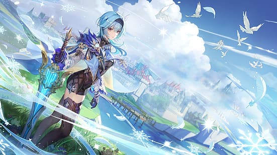 Eula (Genshin impact), Genshin Impact, épée, art fantastique, art du jeu vidéo, anime girls, nuages, nature, cheveux aqua, Fond d'écran HD HD wallpaper