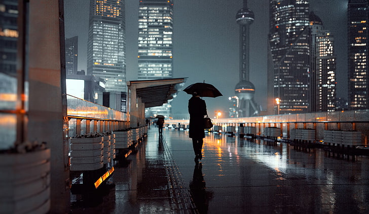 black umbrella, person holding umbrella walking on street during nightime, city, night, Shanghai, tower, rain, umbrella, city lights, skyscraper, cityscape, wet street, HD wallpaper