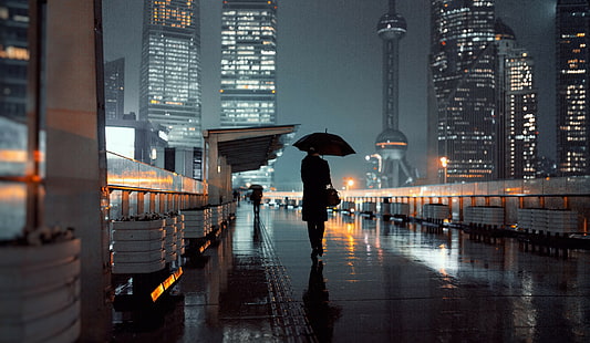 skyscraper, cityscape, Shanghai, tower, rain, umbrella, city, night, city lights, HD wallpaper HD wallpaper