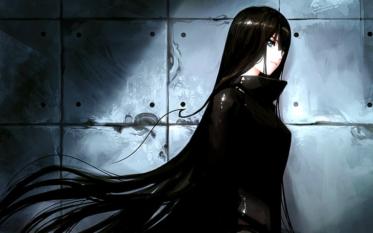 fondo de pantalla de personaje de anime femenino de pelo negro, personajes originales, negro, oscuro, Fondo de pantalla HD