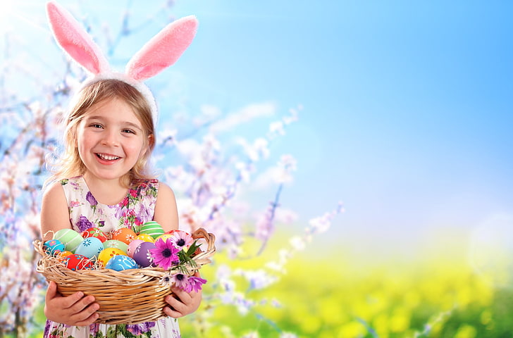 Joyeuses Pâques !, petites oreilles, Pâques, oeuf, fille, panier, copil, lapin, enfant, rose, Fond d'écran HD