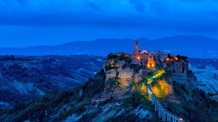 Italia, Civita di Bagnoregio, cielo, hito, montaña, paisaje de monte, atracción turística, cordillera, paisaje, Fondo de pantalla HD