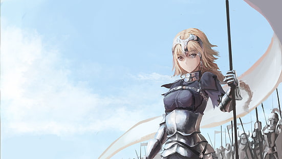 Jeanne d'Arc, Fate Series, Fate / Grand Order, Fate / Apocrypha, cheveux blonds, cheveux longs, armure, épée, lance, yeux bleus, anime girls, Ruler (Fate / Apocrypha), flag, Fond d'écran HD HD wallpaper