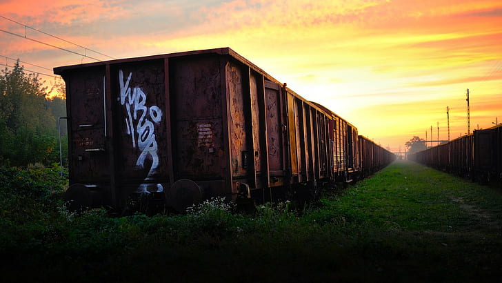 brązowy stalowy pociąg towarowy, krajobraz, Tapety HD