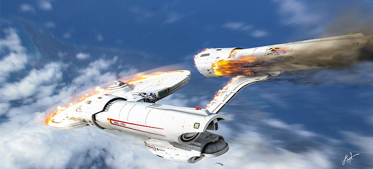 Star Wars navire blanc tombant sur le ciel fond d'écran, illustrations, Star Trek, science-fiction, Fond d'écran HD