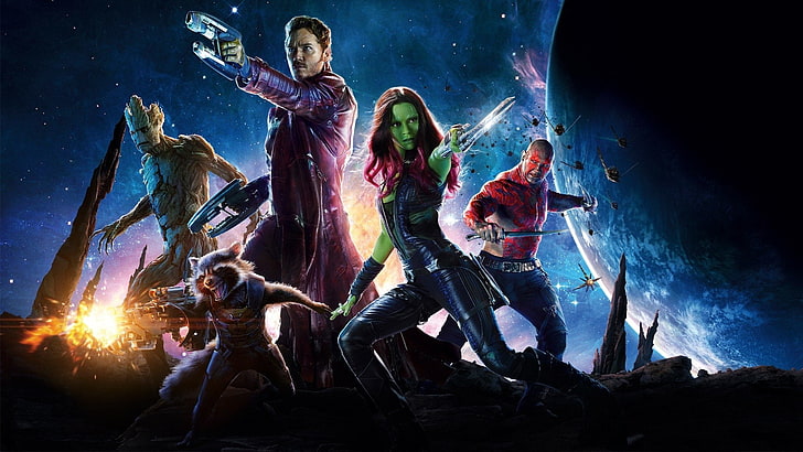 Super héros, film, Les gardiens de la galaxie, Chris Pratt, Dave Bautista, Drax le destructeur, Gamora, Groot, Peter Quill, le raton laveur de fusées, Zoe Saldana, Fond d'écran HD