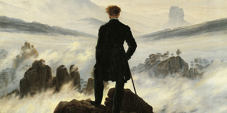 معطف فرو أسود وبني ، Der Wanderer über dem Nebelmeer ، لوحة زيتية ، Caspar David Friedrich ، saxonian Swiss، خلفية HD