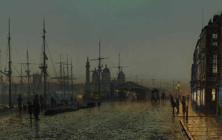 ljus, fartyg, hem, bild, strandpromenad, det urbana landskapet, John Atkinson Grimshaw, Hull Docks by Night, HD tapet