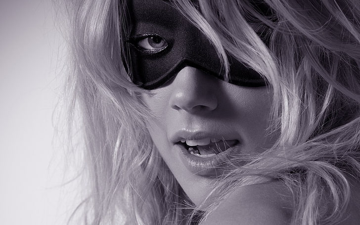 women, Amber Heard, mask, monochrome, looking at viewer, open mouth, face, actress, HD wallpaper