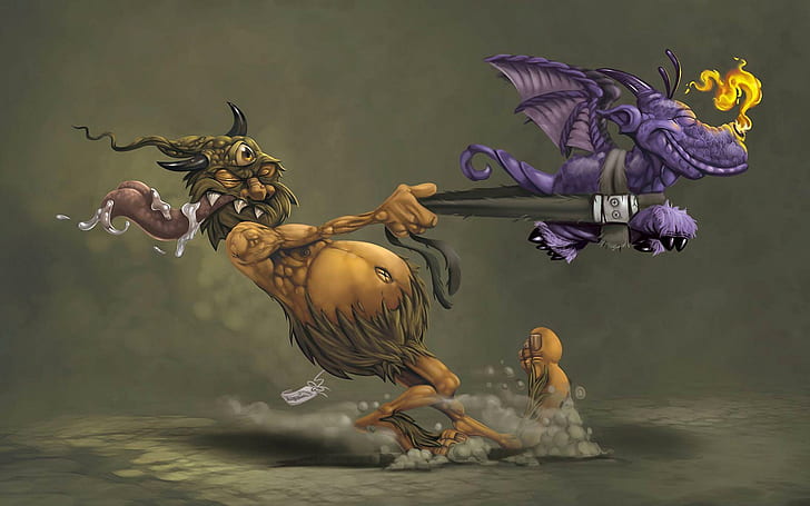 Creature walking the dragon pet, purple dragon anime character, funny, 1920x1200, creature, dragon, leash, HD wallpaper