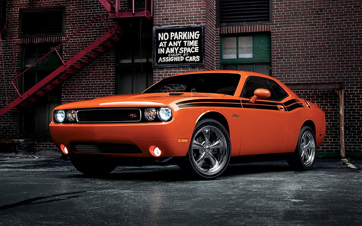 orange Mustang coupe, Dodge, Challenger, Classic, the front, Muscle car, R/T, Chelenzher, HD wallpaper